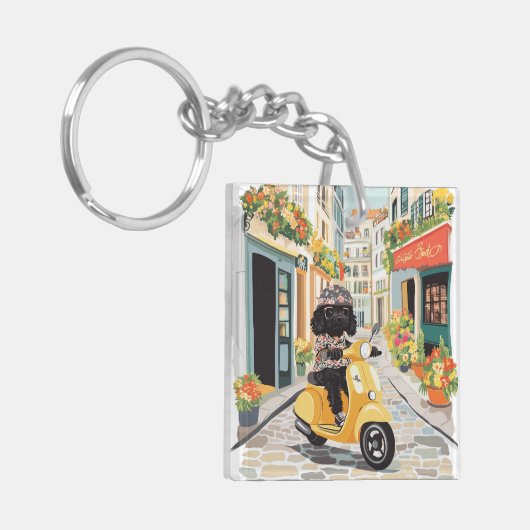 Black Doodle Riding Scooter European City Streets Sleutelhanger (Voorkant Links)