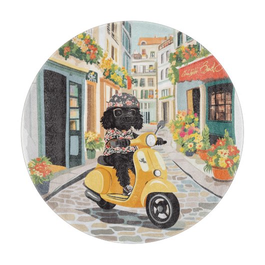 Black Doodle Riding Scooter European City Streets Snijplank (Voorkant)
