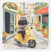 Black Doodle Riding Scooter European City Streets Vierkante Sticker (Voorkant)
