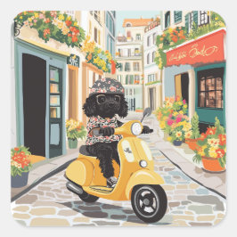 Black Doodle Riding Scooter European City Streets Vierkante Sticker