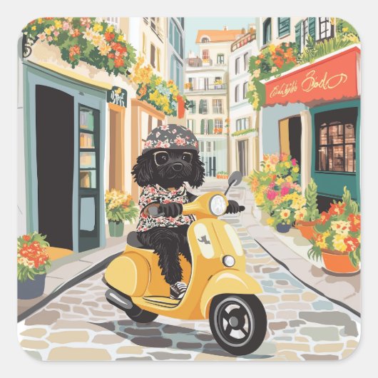 Black Doodle Riding Scooter European City Streets Vierkante Sticker (Voorkant)