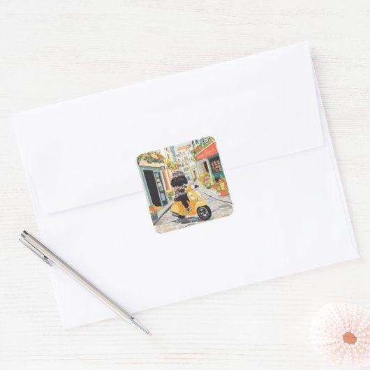 Black Doodle Riding Scooter European City Streets Vierkante Sticker (Envelop)