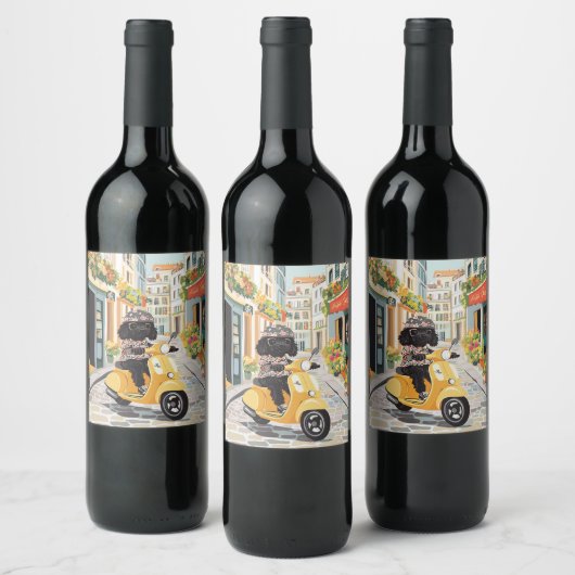 Black Doodle Riding Scooter European City Streets Wijn Etiket (Flessen)