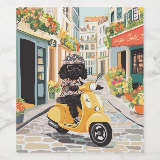 Black Doodle Riding Scooter European City Streets Wijn Etiket (Enkel label)