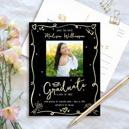 Black Doodles Graduation Save Date Photo Real Gold Folie Uitnodiging Briefkaart