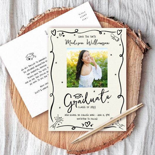 Black Doodles Graduation Save the Date Photo Cream Uitnodiging Briefkaart