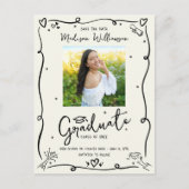 Black Doodles Graduation Save the Date Photo Cream Uitnodiging Briefkaart (Voorkant)