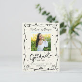 Black Doodles Graduation Save the Date Photo Cream Uitnodiging Briefkaart (Staand voorkant)