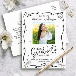 Black Doodles Graduation Save the Date Photo White Uitnodiging Briefkaart
