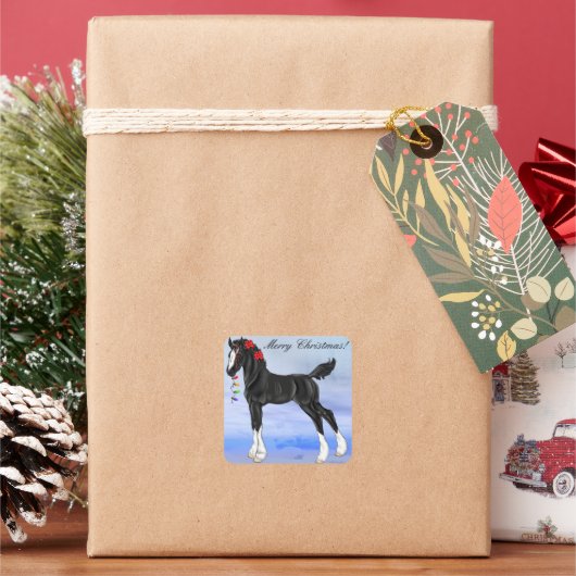 Black Draft Horse Foal Kerstmis Vierkante Sticker (Feestdagen)