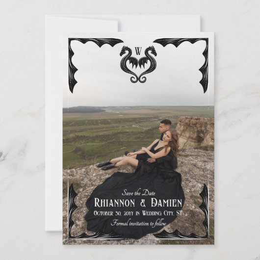 Black Dragon Monogram Fantasy Huwelijksfoto Save The Date (Voorkant)
