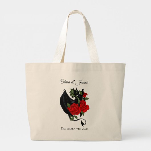 Black Dragon Red Roses Fantasie Grote Tote Bag (Achterkant)