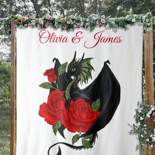 Black Dragon Red Roses Fantasie Wandkleed
