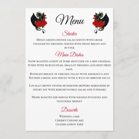 Black Dragon Red Roses Fantasy Bruiloft Menu (Voorkant)