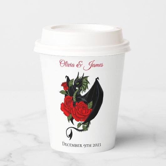 Black Dragon Red Roses Fantasy Bruiloft Papieren Bekers (Voorkant)
