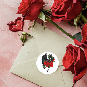 Black Dragon Red Roses Fantasy Bruiloft Ronde Sticker