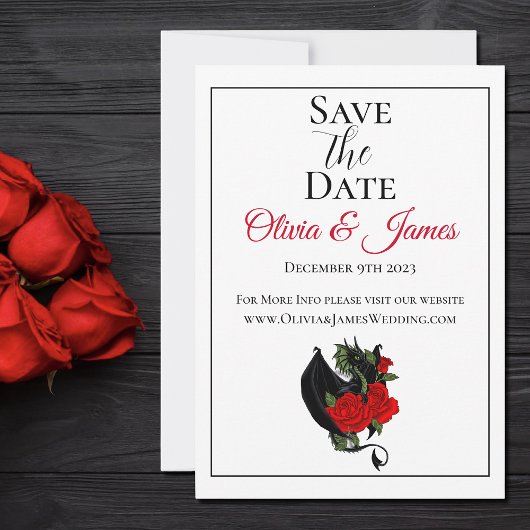 Black Dragon Red Roses Fantasy Bruiloft Save The Date