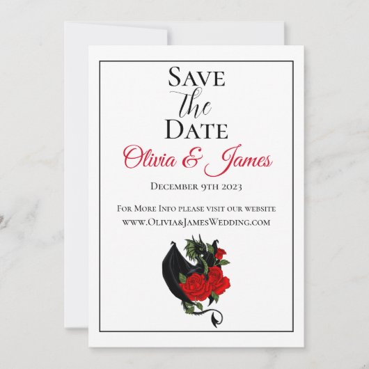 Black Dragon Red Roses Fantasy Bruiloft Save The Date (Voorkant)