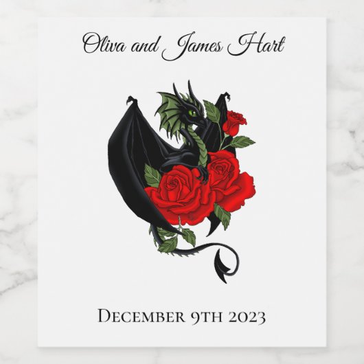 Black Dragon Red Roses Fantasy Bruiloft Wijn Etiket (Enkel label)