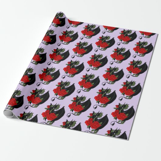 Black Dragon Red Roses Lavendel Cadeaupapier (Uitgerold)
