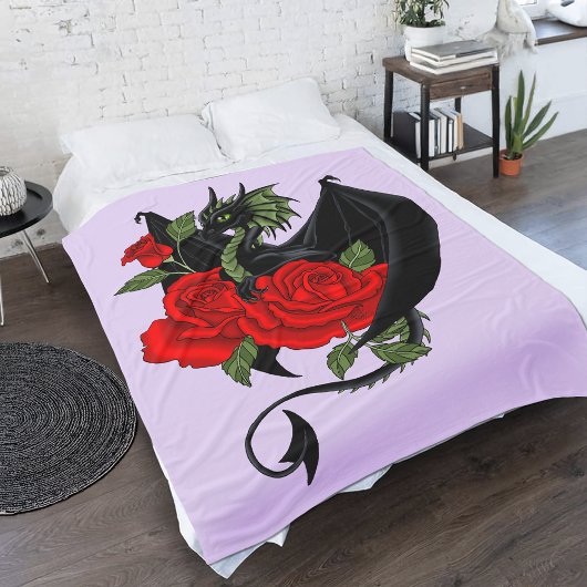 Black Dragon Red Roses Lavendel Fleece Deken