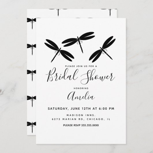 Black Dragonflies Bridal Shower Invitation Kaart (Voorkant / Achterkant)