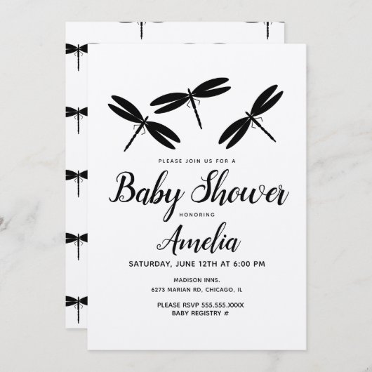 Black Dragonflies Rustic Baby shower Uitnodiging (Voorkant / Achterkant)