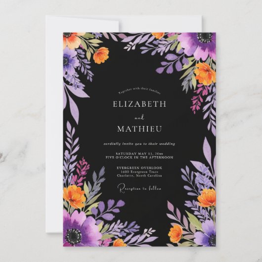 Black Dramatic Botanical Wedding Kaart (Voorkant)