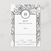 Black dramatic Monogram Wreath Wedding RSVP Kaartje (Voorkant)