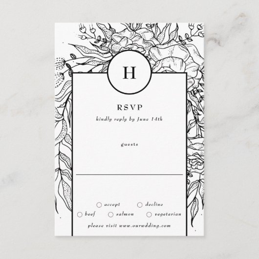 Black dramatic Monogram Wreath Wedding RSVP Kaartje (Voorkant)