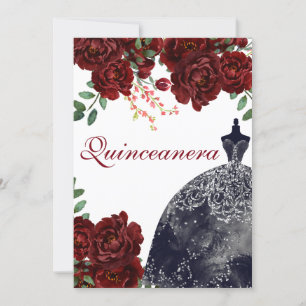 Black Dress Burgundy Red Roses Quinceanera Kaart