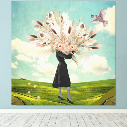Black Dress Dried Flower Bouquet & Sky Collage Canvas Afdruk (Insitu (Houten vloer))