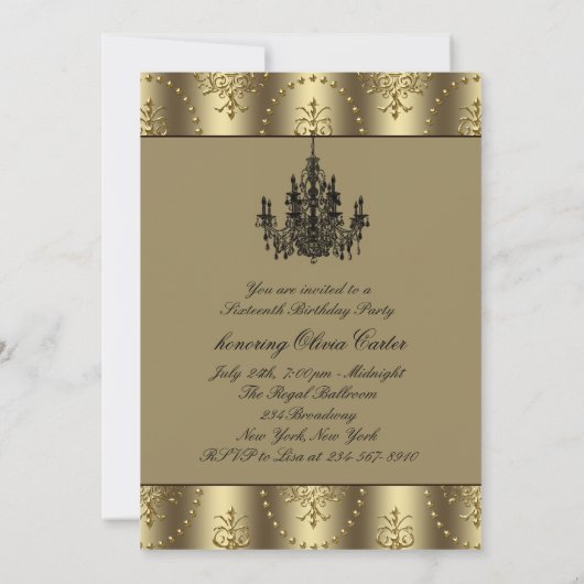 Black Dress Gold Chandelier Sweet Sixteen Birthday Kaart (Achterkant)