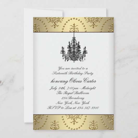 Black Dress Gold Chandelier Sweet Sixteen Birthday Kaart (Achterkant)