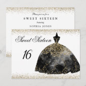 Black Dress Gold Glitter Sweet 16-uitnodiging Kaart (Voorkant / Achterkant)