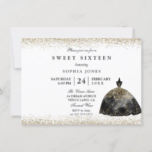 Black Dress Gold Glitter Sweet 16-uitnodiging Kaart