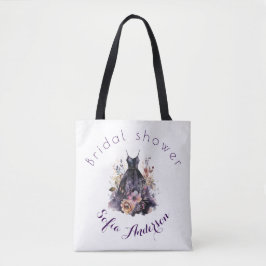 Black dress purple bridal shower tote bag