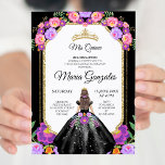 Black Dress & Rozen Mis Quince-uitnodiging Kaart<br><div class="desc">Black Dress & Rozen Mis Quince Invitation Mis Quince Anos,  15e verjaardag</div>