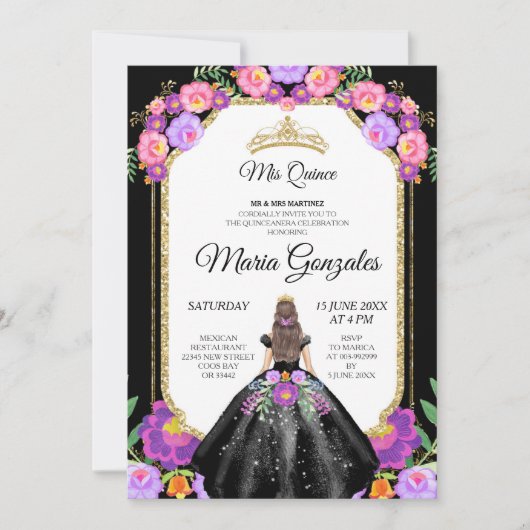 Black Dress & Rozen Mis Quince-uitnodiging Kaart (Voorkant)