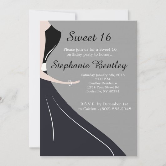 Black Dress Silhouette Sweet 16 Uitnodiging (Voorkant)