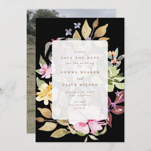 Black Dried Floral Waterverf Art Wedding Foto Save The Date (Voorkant / Achterkant)