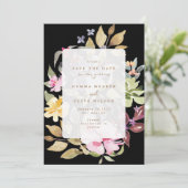 Black Dried Floral Waterverf Art Wedding Foto Save The Date (Staand voorkant)