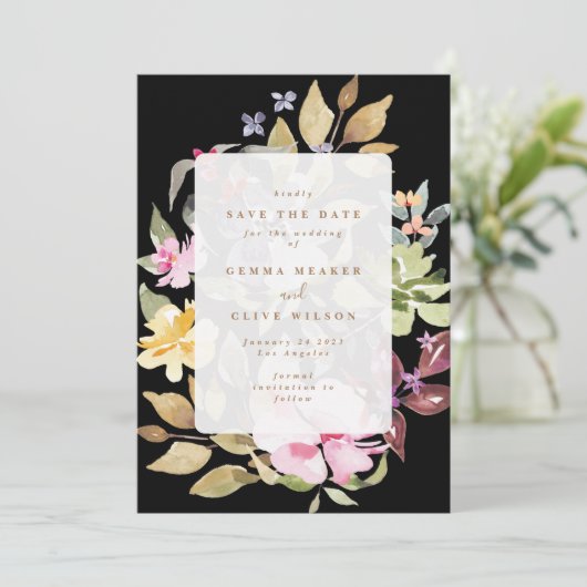 Black Dried Floral Waterverf Art Wedding Foto Save The Date (Staand voorkant)