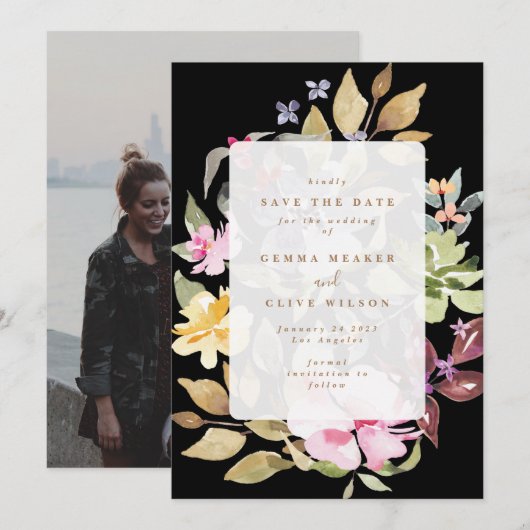 Black Dried Floral Waterverf Art Wedding Foto Save The Date (Voorkant / Achterkant)
