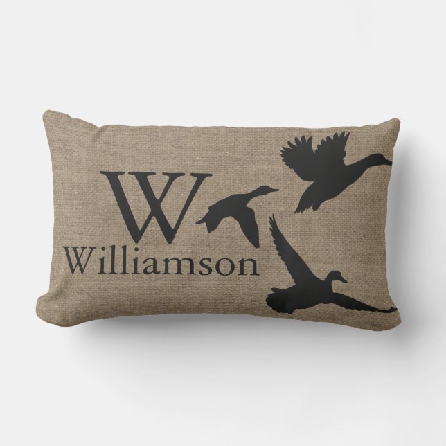 Black Duck Silhouettes Faux Burlap Familienaam Kussen (Voorkant)