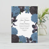 Black & Dusty Blue Photo/QR Code Floral Wedding Kaart (Staand voorkant)