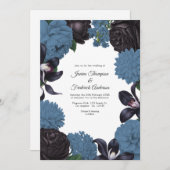 Black & Dusty Blue Photo/QR Code Floral Wedding Kaart (Voorkant / Achterkant)