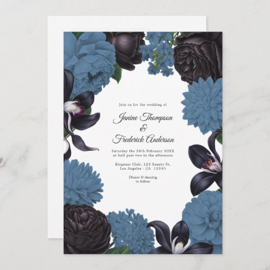 Black & Dusty Blue Photo/QR Code Floral Wedding Kaart (Voorkant / Achterkant)