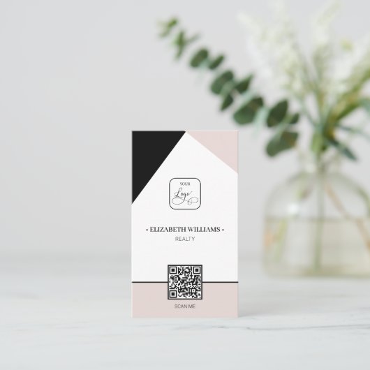 Black Dusty Pink Custom Business Logo & QR Code Visitekaartje (Staand voorkant)