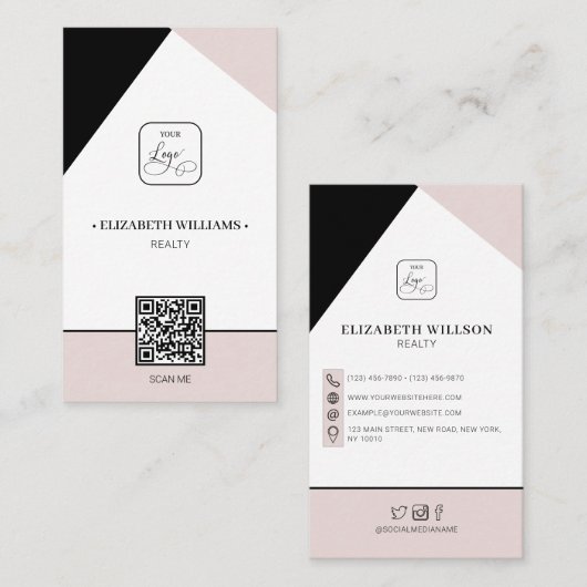 Black Dusty Pink Custom Business Logo & QR Code Visitekaartje (Voorkant / Achterkant)